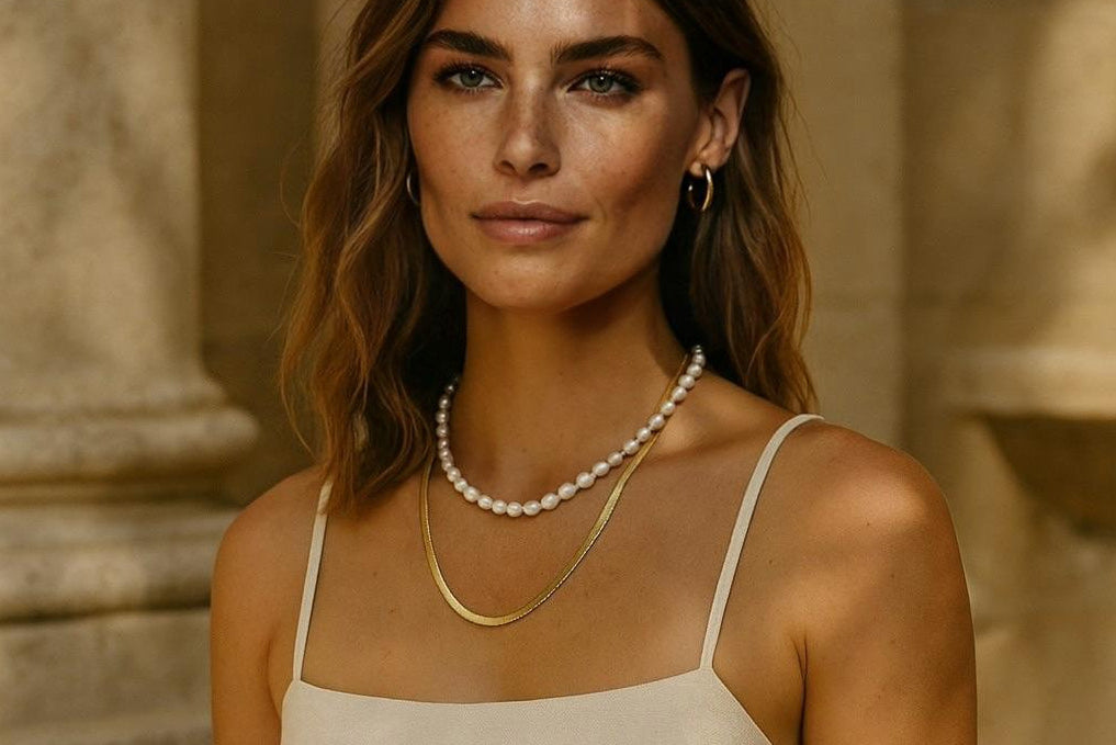 Woman wearing a beige dress with layered necklaces against a stone wall background