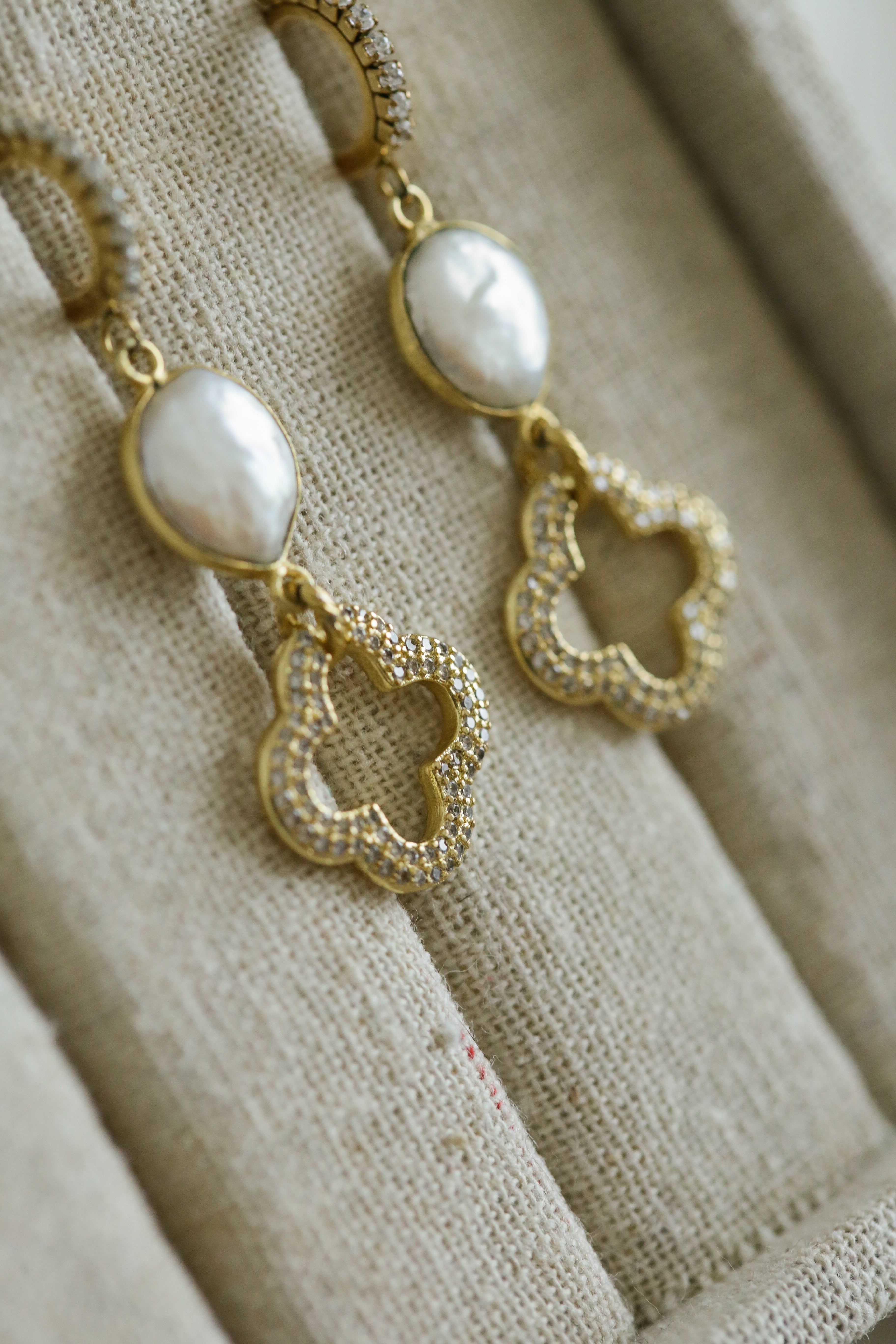 Cubic Zirconia & Pearls Clover Earrings